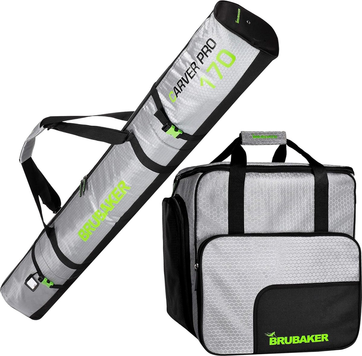 BRUBAKER Combi Set CarverTec Pro - Skitas en Skischoen tas voor 1 paar ski's + stokken + schoenen + helm - Zilver Groen