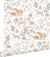 ESTAhome papier peint forêt avec animaux de la forêt vert grisé et beige - 139585 - 0,53 x 10,05 m