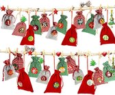 Adventskalender om zelf te vullen, 24 stoffen zakjes, 2 koorden, 24 cijfers, buttons van DIY-kerstkalenders, kerstmotieven, rood, groen