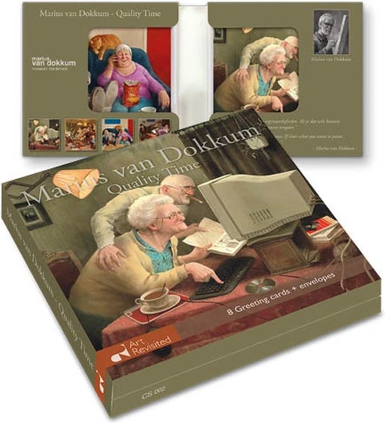 Doos wenskaarten 'Quality Time' van Marius van Dokkum, met schilderij van oud stel voor computer.