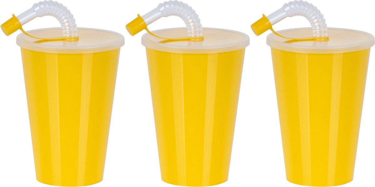 Goedkoopste Juypal Drinkbeker met deksel en rietje - 6x - geel - kunststof - 450 ml - 12 x 9 cm