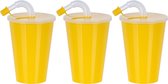 Juypal Drinkbeker met deksel en rietje - 6x - geel - kunststof - 450 ml - 12 x 9 cm