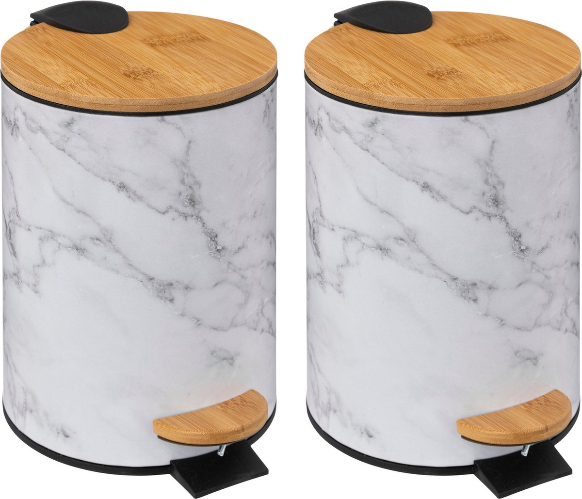 Goedkoopste 5Five Prullenbak/pedaalemmer Marmer look - 2x - wit - 3 liter - metaal/bamboe - 17 x 25 cm - soft close