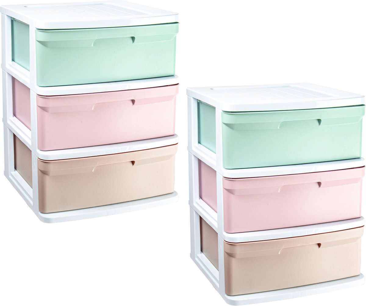 PlasticForte ladeblokje/bureau organizer - 2x - 3 lades - gekleurd - L39 x B40 x H49 cm