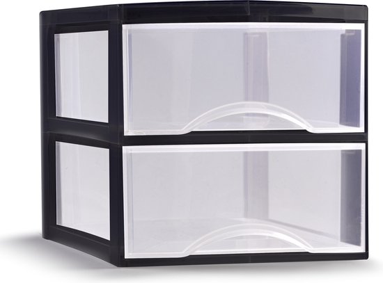 Plasticforte Ladeblokje/bureau organizer met 2x lades - transparant/zwart - L26 x B36 x H25 cm