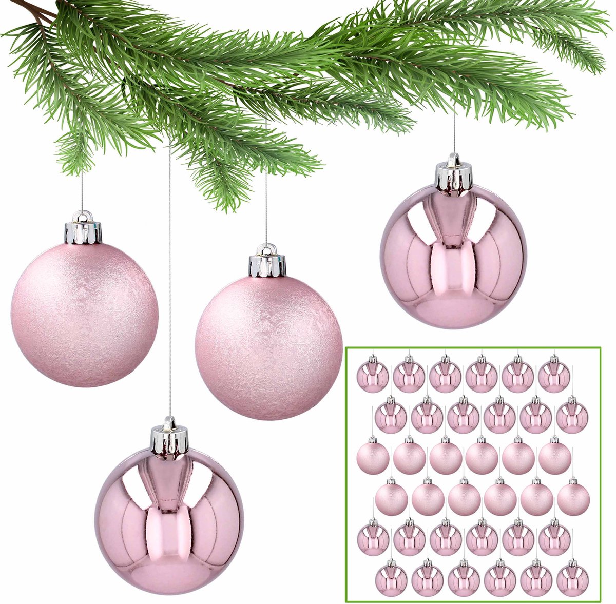 Roze kerstballen, set kunststof kerstballen, kerstboomversiering 5 cm, 36 st.