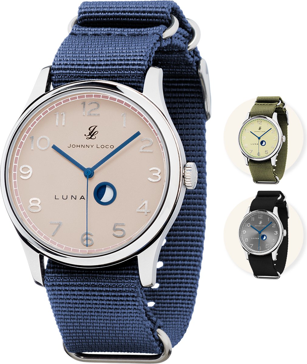 Johnny Loco Luna - Horloge Heren - Roestvrij Stalen Kast - Mineraal Kristal - 41,3mm - Waterdicht tot op 100M - Rosé