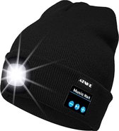 Chapeau avec éclairage LED - Fonction musique Bluetooth - Bonnet Zwart - Rechargeable par USB - 4 lampes LED à lumière vive - 3 réglages - Taille unique - Unisexe - Lavable