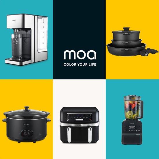 Collage d'appareils MOA : distributeur d'eau, set de casseroles, mijoteuse, friteuse à air et blender.