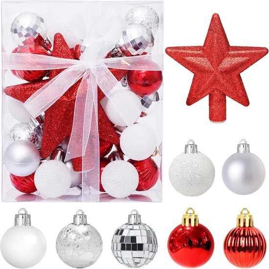 Pack of 30 Mini Christmas Baubles with Hanger 3 cm Small Christmas Tree Baubles Red bol
