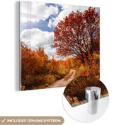 MuchoWow® Glasschilderij 90x90 cm - Schilderij acrylglas - Boom - Pad - Herfst - Foto op glas - Schilderijen
