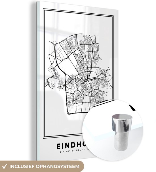 MuchoWow® Peinture sur verre 80x120 cm - Peinture acrylique sur verre - Plan - Plan de ville - Eindhoven - Nederland - Zwart et Wit - Photo sur verre - Peintures