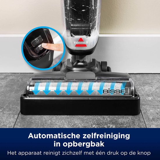 De BISSELL CrossWave met de tekst 'Automatische zelfreiniging in opbergbak'. Pijlen tonen de reinigingsstroom op de borstelrol.