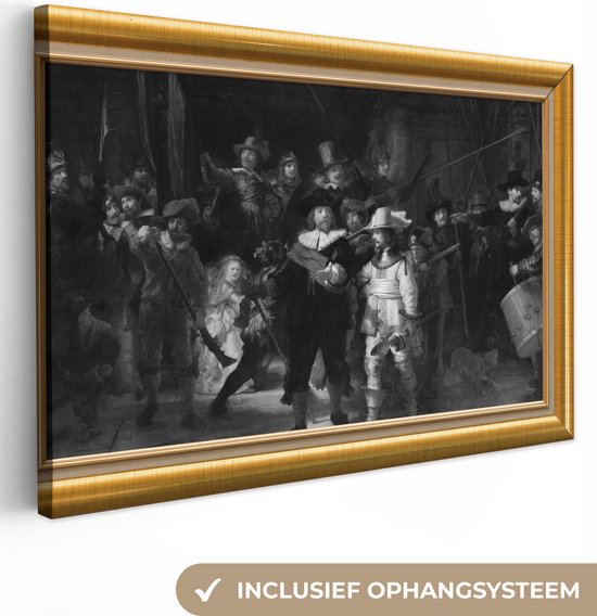 Canvas Schilderij Nachtwacht - Van Rijn - Lijst - Goud - 90x60 cm - Wanddecoratie