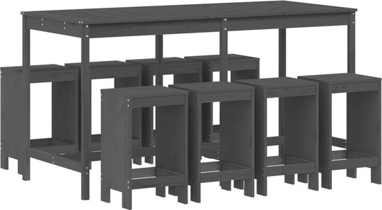 vidaXL Ensemble de bar de jardin - 9 pièces - Bois de pin Massief - Ensemble de bar en bois Grijs - Table de bar - Tabourets de bar de bar - Bar extérieur - Bar de jardin