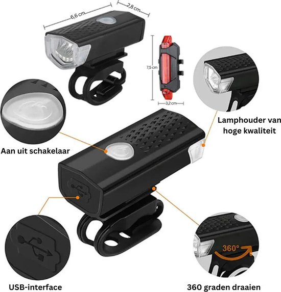 Fietslamp - Koplamp - Achterlamp - Verlichtingset - 1000lumen - Oplaadbaar - Racefiets - Stadsfiets - MTB - 800mAh - Lange accuduur — afbeelding 3
