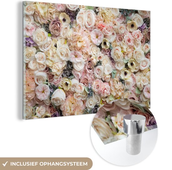 MuchoWow® Tableau en verre 120x80 cm - Tableau en verre acrylique - Roses - Fleurs - Pastel - Photo sur verre - Tableaux