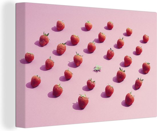 Canvas schilderij 150x100 cm - Wanddecoratie Aardbei - Roze - Fruit - Muurdecoratie woonkamer - Slaapkamer decoratie - Kamer accessoires - Schilderijen