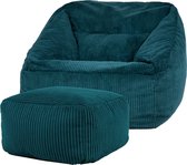 icon “Morgan” Corduroy Zitzakfauteuil en Hocker, Teal Groen, XXL Zitzakstoel, Zitzak Volwassenen met Vulling, Woonkamerzitzakken