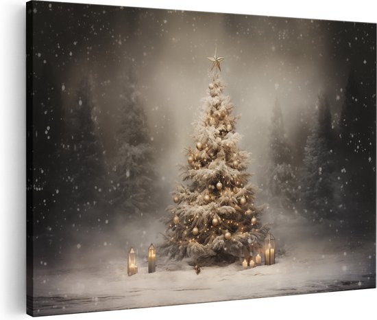 Artaza Canvas Schilderij Kerstboom in het Bos - Kerstmis - 90x60 cm - Wanddecoratie Woonkamer - Schilderijen - Muurdecoratie