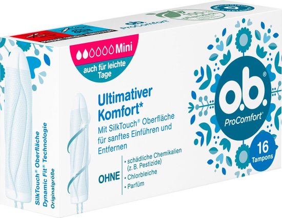 Doos met 16 o.b. ProComfort Mini tampons. Met SilkTouch en Dynamic Fit technologie. Zonder schadelijke chemicaliën, chloorbleek en parfum.