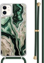 Casimoda® hoesje met groen koord - Geschikt voor iPhone 11 - Groen marmer / Marble - Afneembaar koord - TPU/acryl - Groen