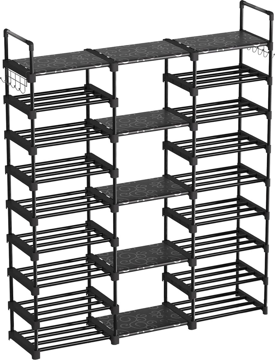 9-Tier Shoe Rack, DIY Metal Shoe Racks, Shoe Rack with Hooks Space-saving shoe cabinet for entryway, bedroom, living room, dressing room and hallway, 50-55 pairs of shoes