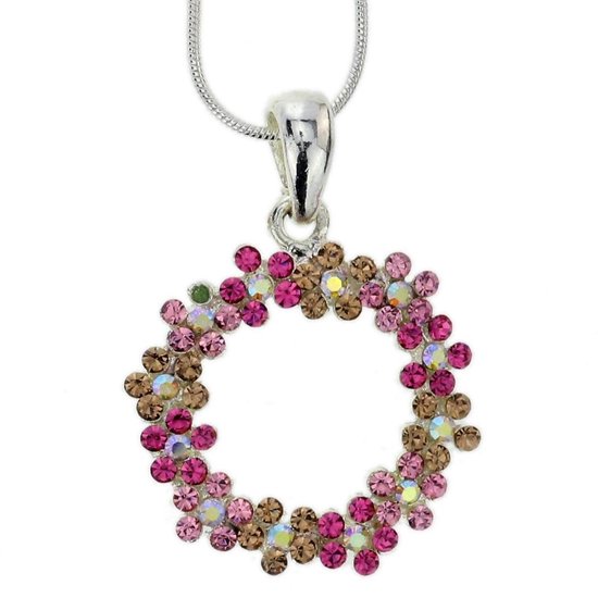 Behave Zilver-kleurige ketting met ronde roze bloemen hanger