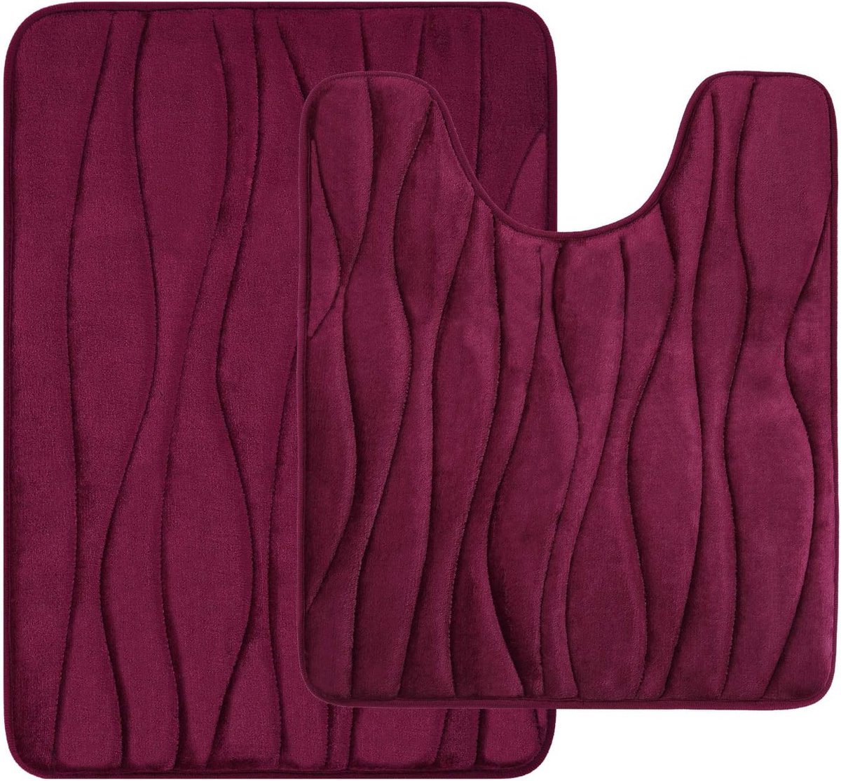 Badmatset, 2-delig, traagschuim, badkamertapijt, wc-mat met uitsparing, set, absorberend, antislip, wasbaar, 2-delig, wijnrood
