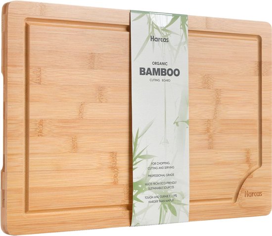 Biologische bamboe houten snijplank van Harcas. Extra grote snijplank 45cm x 30cm x 2cm. Beste voor vlees, groenten, tapas en kaas. Professionele kwaliteit voor duurzaamheid. Druppelgroef