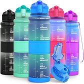 Drinkfles, Tritan, BPA-vrij, voor kinderen, 1 l/500 ml, geschikt voor koolzuurhoudende dranken, lekvrij, sportdrinkfles met tijdmarkeringen en fruitinzet, voor school, fiets, gym, outdoor