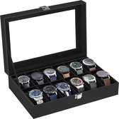 Horlogekist met 12 vakjes, horlogebox, juwelenkistje, met glazen deksel, uitneembare fluwelen kussentjes, metalen slot - Zwarte coating en voering - JWB12B