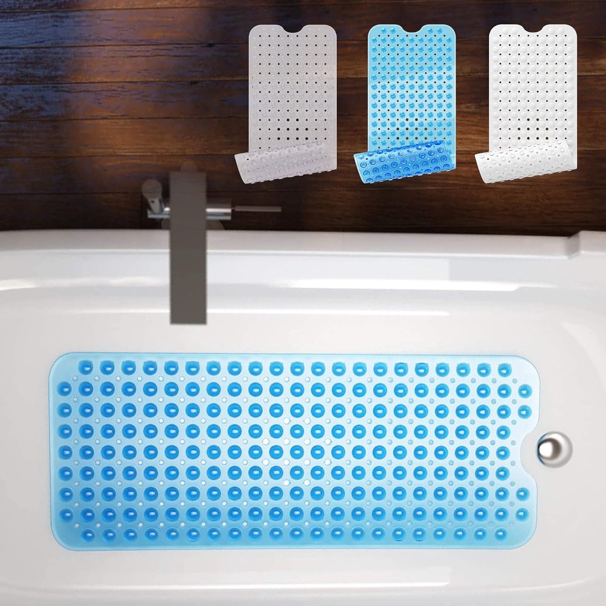 Badmat, antislip, BPA-vrij, antislipmat, douche voor kinderen, van rubber, 40 x 100 cm, antislip badmat voor senioren en kinderen, blauw
