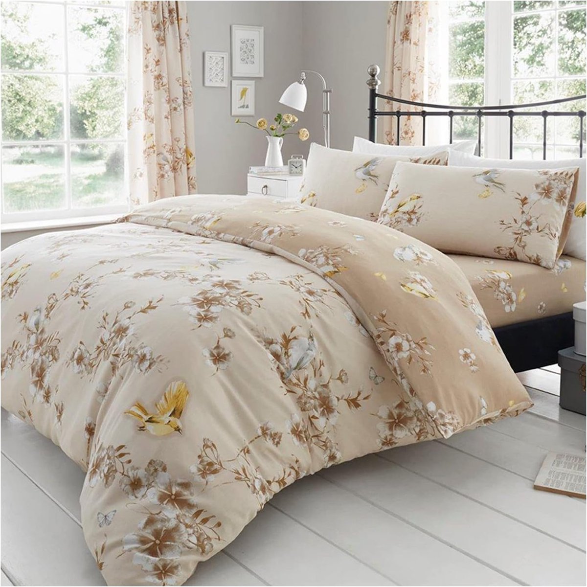 Luxe BIRDIE BLOSSOM Bed Set met Dekbedovertrek en kussensloop, Polyester-katoen, natuurlijk, King (230 x 220cm)