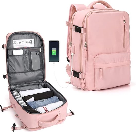 Foto: Handbagage reistas voor vrouwen en mannen laptoptas flightbag en rugzak met cabin size laptopvak usb oplaadpoort en schoenencompartiment