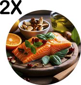 BWK Stevige Ronde Placemat - Zalm met Noten op Houten Bord - Set van 2 Placemats - 50x50 cm - 1 mm dik Polystyreen - Afneembaar
