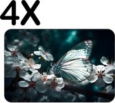 BWK Flexibele Placemat - Witte Vlinder op Witte Bloemen in een Donkere Omgeving - Set van 4 Placemats - 45x30 cm - PVC Doek - Afneembaar