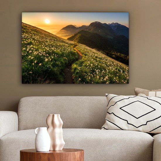 Canvas schilderij 180x120 cm - Wanddecoratie Bloemen - Zon - Bergen - Muurdecoratie woonkamer - Slaapkamer decoratie - Kamer accessoires - Schilderijen