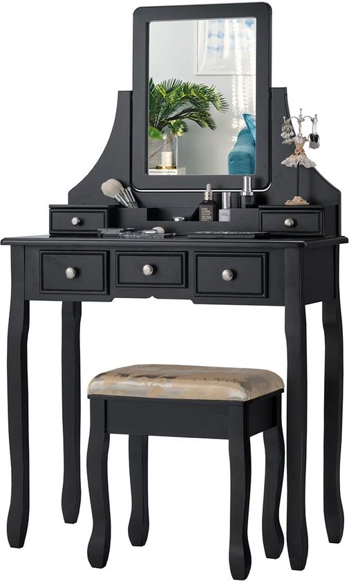 Kaptafel met 5 lades, make-up kaptafel met verwijderbare opbergdoos en vierkante spiegel, dressoir voor tweeërlei gebruik met afneembaar bovenkant, gedempte kruk, slaapkamer meubilair (Zwart)