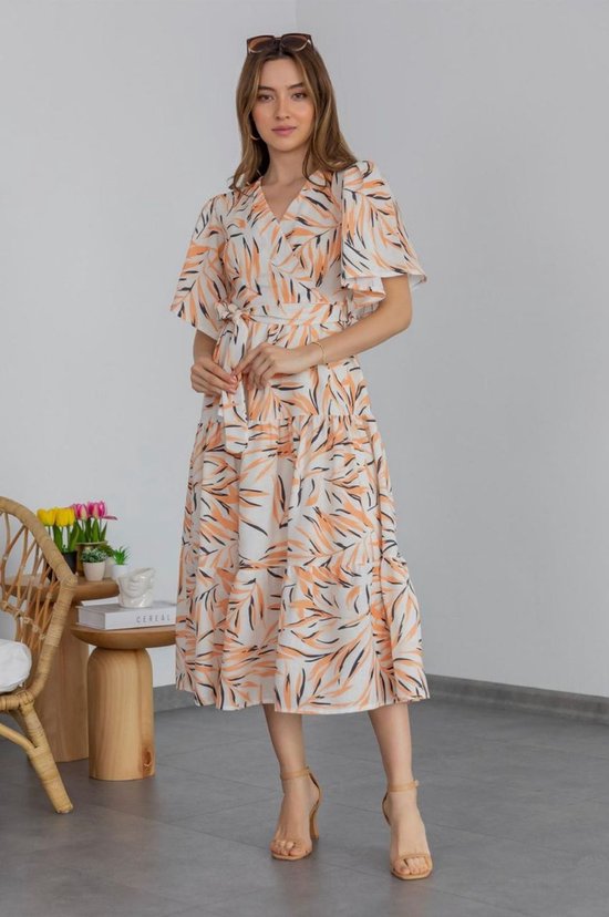 Robe robe d'été col V | Orange Blanc