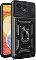 Geschikt voor Motorola Edge 40 Pro Hoesje met Camera Slider en Kickstand Ring Zwart