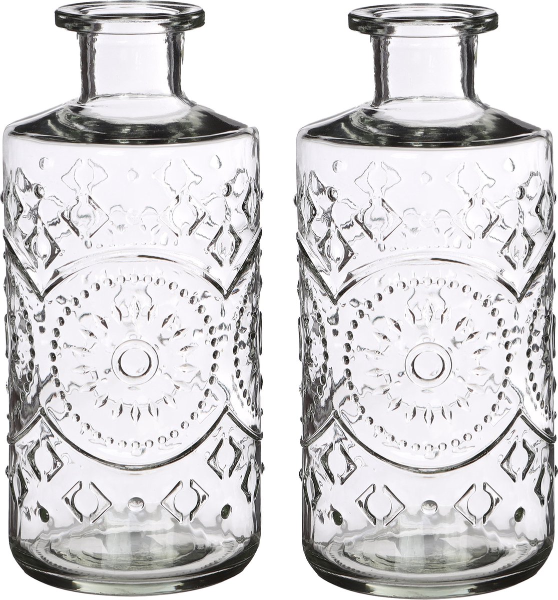 Ideas4Seasons Bloemenvaas/flesvaas Berlin - 2x - met motief - helder glas - transparant - D9 x H21 cm