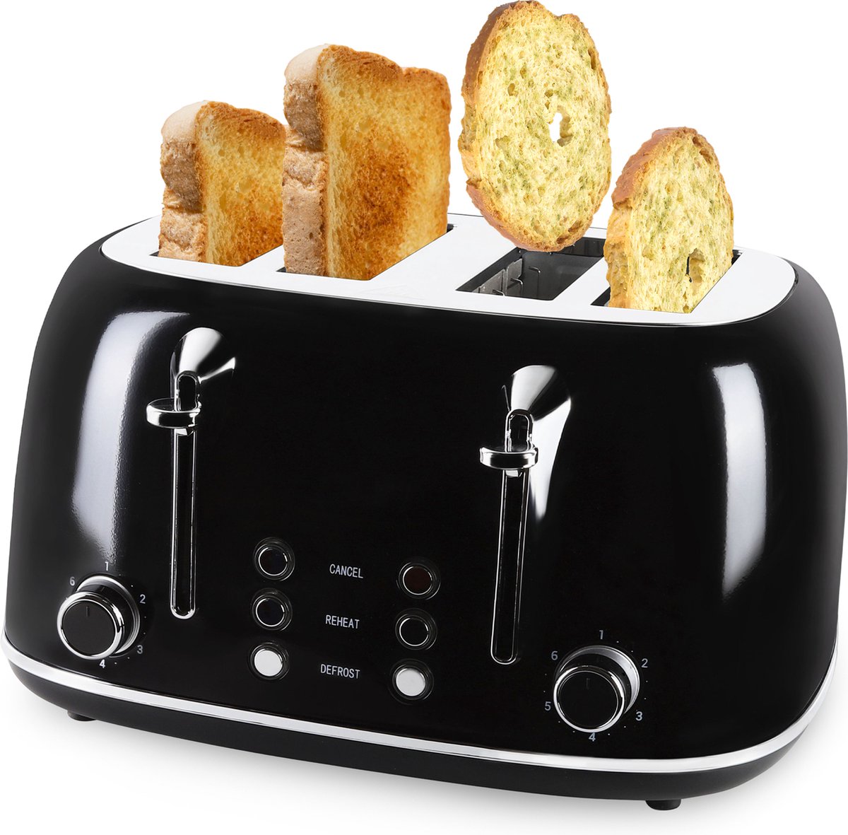 The Kitchen Guild® Broodrooster met 4 tostiklemmen – Tostiapparaat - Toaster - 6 Warmteniveaus – Incl. E-Book Tosti Recepten – 1630W – 4 Extra Brede Sleuven – Zwart - The Kitchen Guild