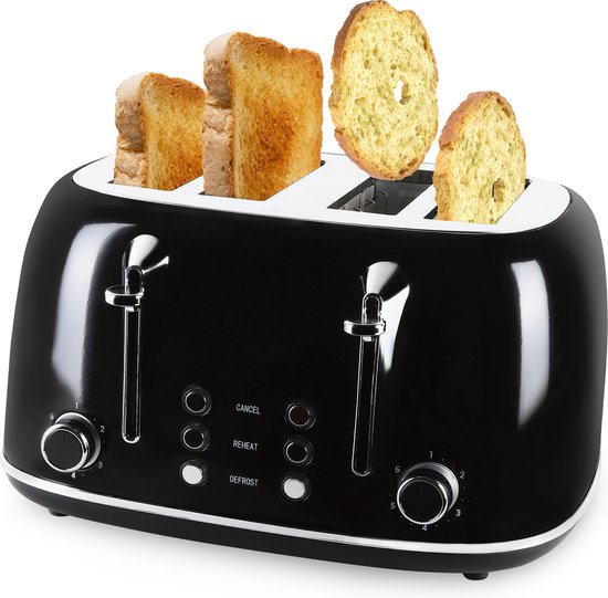 The Kitchen Guild® Broodrooster met 4 tostiklemmen – Tostiapparaat - Toaster - 6 Warmteniveaus – Incl. E-Book Tosti Recepten – 1630W – 4 Extra Brede Sleuven – Zwart