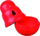 Een rood Kong-speeltje, half geopend om te laten zien dat het hol is.