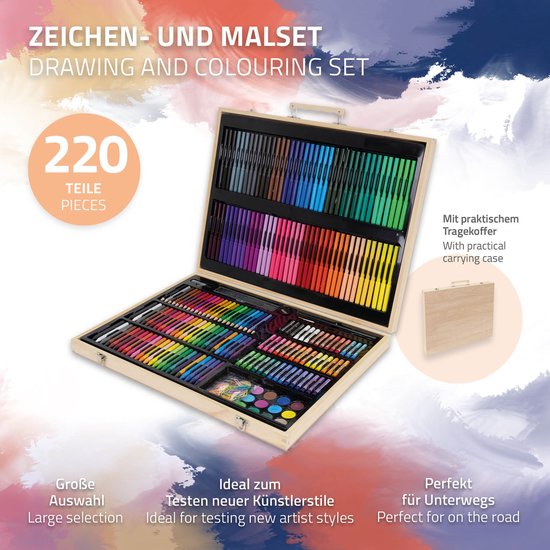 Coffret de peinture de 220 pièces dans une boîte en bois avec feutres, crayons de cire, pastels à l'huile, crayons de couleur et aquarelle.