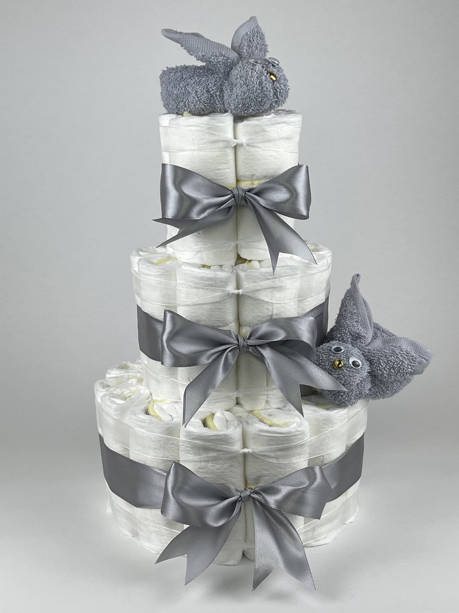 Goedkoopste Chouette-Chouette | Luiertaart Neutraal | Kraamcadeau | Geboorte Jongen Meisje | Babyshower | Konijnen Grijs