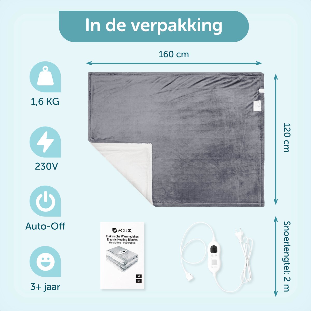 ForDig Elektrische Bovendeken – Warmtedeken - Verwarmingsdeken - 1 persoons – 6 warmtestanden – Timer – 160 x 120cm - Grijs – foto 6