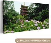 Canvas Schilderij Japanse tuin met hortensia - 80x40 cm - Wanddecoratie