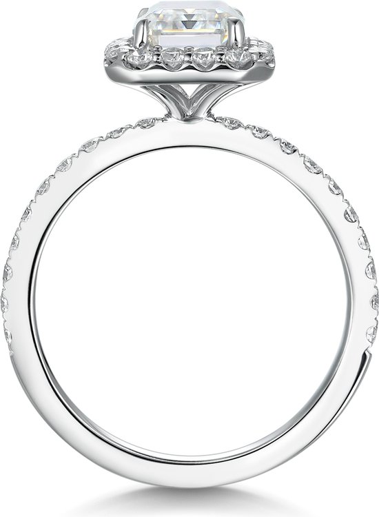 Esmeralda – Ring en moissanite taille émeraude sertie d'un halo – 2,5 carats.